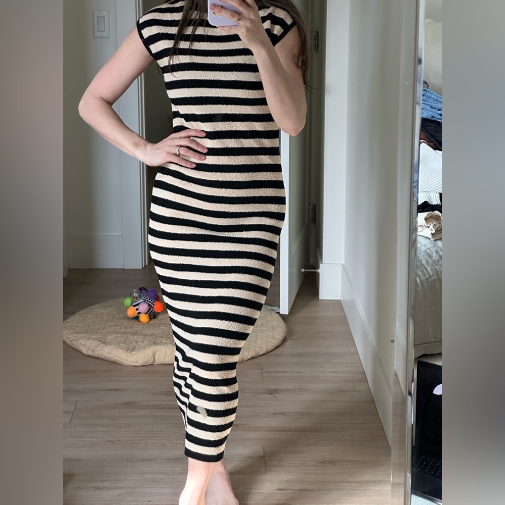 Zara Black Cream Striped Knit Maxi Dress | Bodycon Sleeveless Midi/Maxi Size M